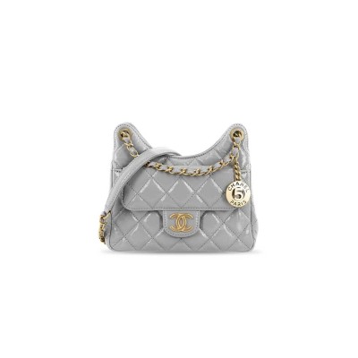 CHANEL MASTER SHINY CRUMPLED CALFSKIN QUILTED SMALL WAVY CC HOBO GREY AS4323 (19*17*6cm)